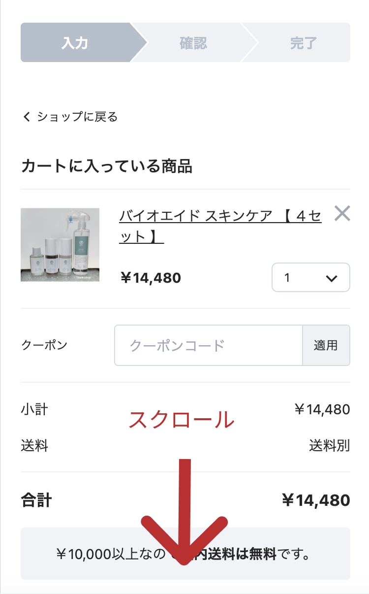 カートページを一番下までスクロールした画面