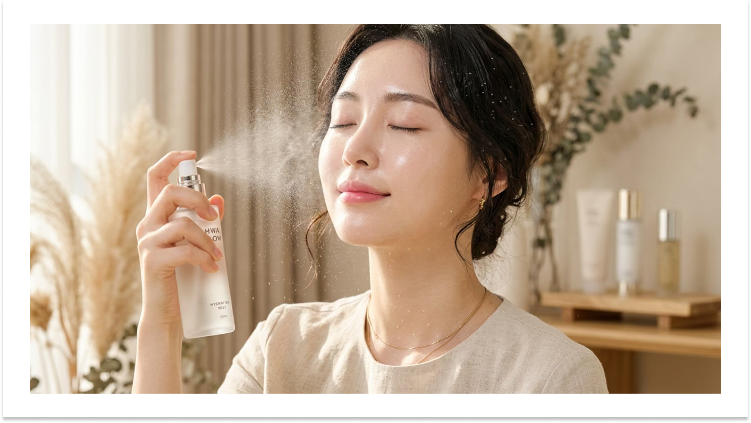 ミスト化粧水を顔に吹きかける女性
